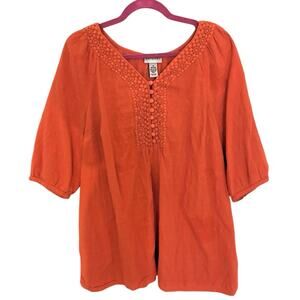 Catherines Women's Blouse Coral Orange Crochet Trim 3/4 Sleeve Boho‎ Peasant 1X